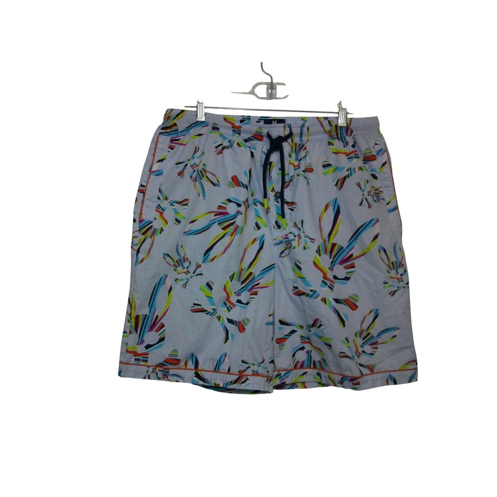Psycho Bunny Swim Trunks Men XL Light Blue Multicolor Graphic Cotton Shorts